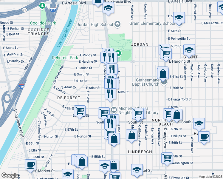map of restaurants, bars, coffee shops, grocery stores, and more near 6025 Atlantic Avenue in Long Beach