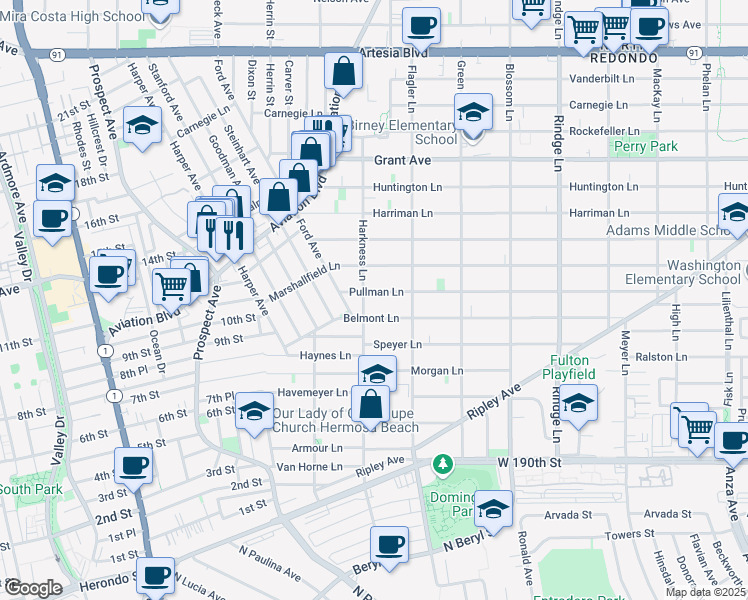map of restaurants, bars, coffee shops, grocery stores, and more near 1812 Pullman Lane in Redondo Beach