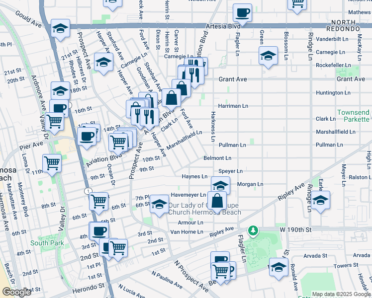 map of restaurants, bars, coffee shops, grocery stores, and more near Goodman Avenue in Redondo Beach