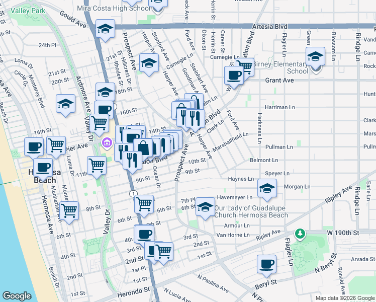 map of restaurants, bars, coffee shops, grocery stores, and more near 1109 Prospect Avenue in Hermosa Beach