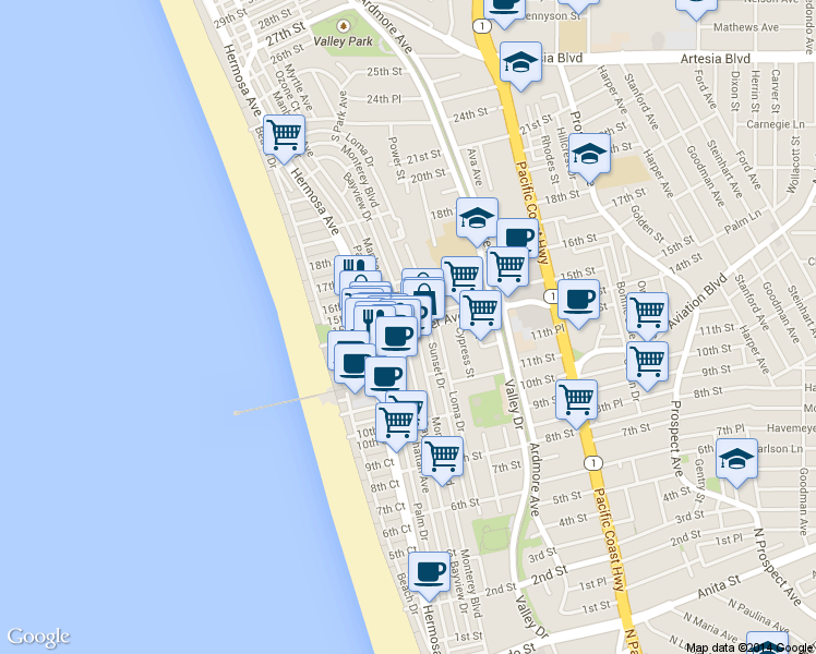 map of restaurants, bars, coffee shops, grocery stores, and more near 1414 Manhattan Avenue in Hermosa Beach