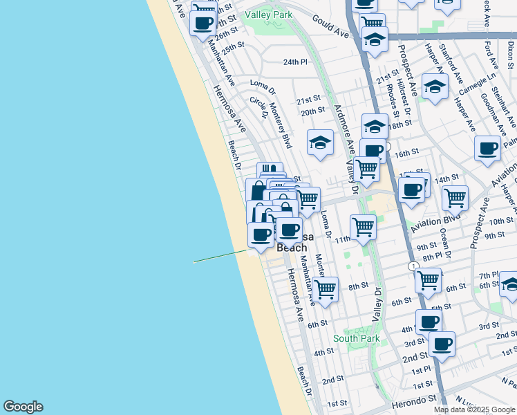 map of restaurants, bars, coffee shops, grocery stores, and more near 74 15th Court in Hermosa Beach