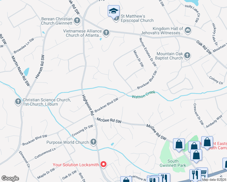 map of restaurants, bars, coffee shops, grocery stores, and more near 1771 Vertex Drive Southwest in Snellville