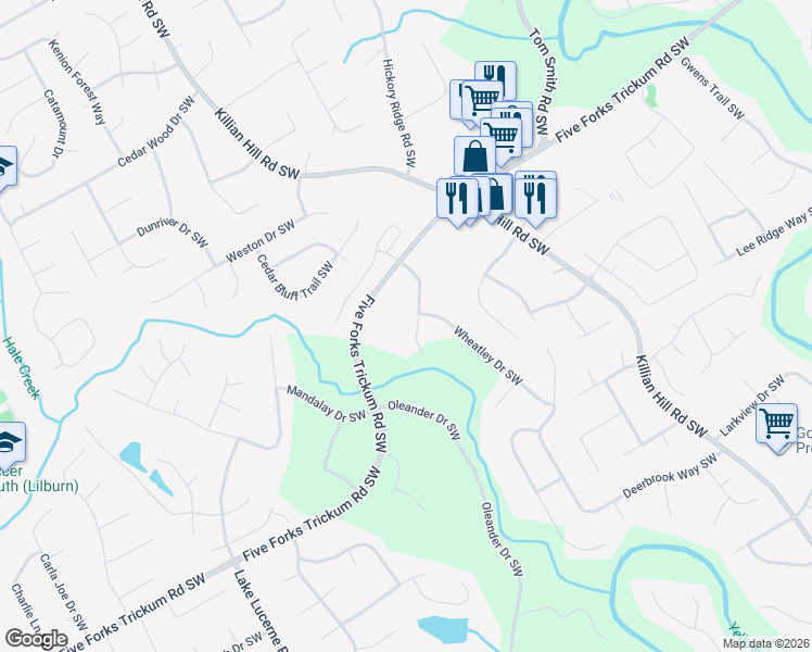map of restaurants, bars, coffee shops, grocery stores, and more near 1073 Hasty Court Southwest in Lilburn