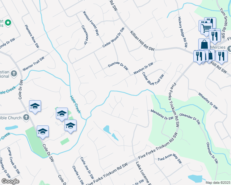 map of restaurants, bars, coffee shops, grocery stores, and more near 4613 Creek Forest Court in Lilburn