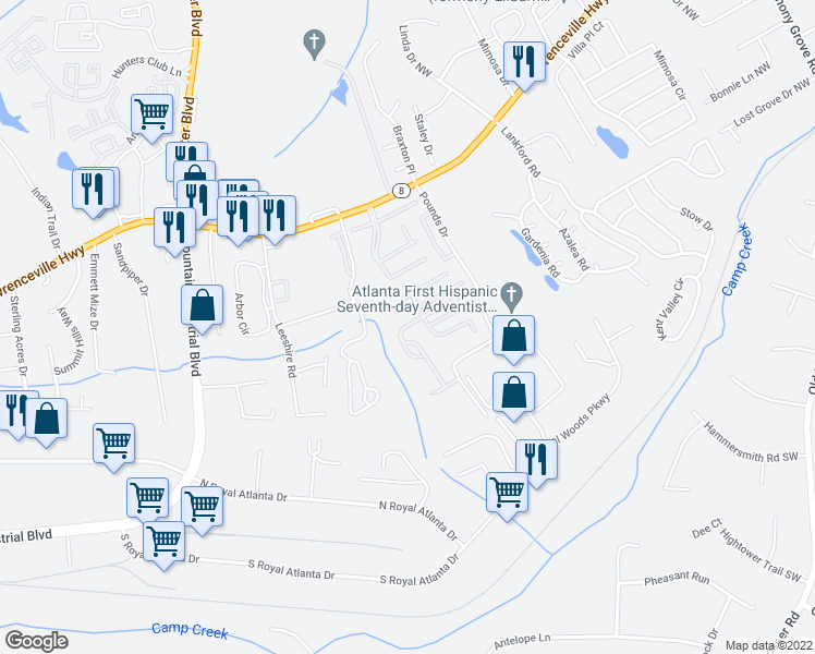 map of restaurants, bars, coffee shops, grocery stores, and more near 6231 Thorncrest Drive in Tucker