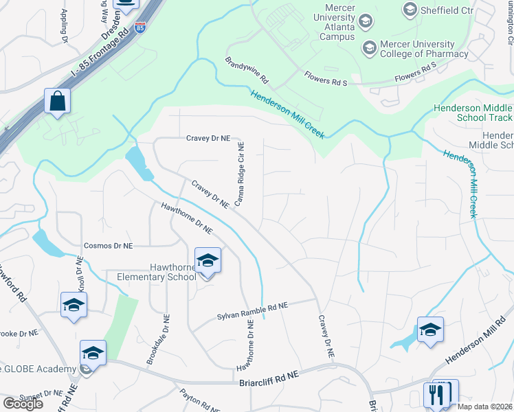 map of restaurants, bars, coffee shops, grocery stores, and more near 2648 Braithwood Road Northeast in Atlanta