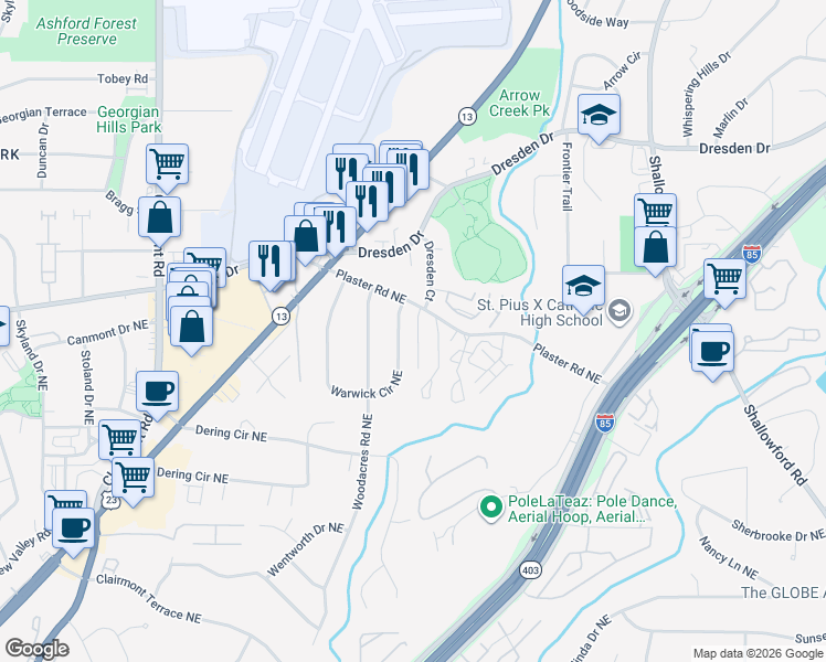 map of restaurants, bars, coffee shops, grocery stores, and more near 2474 Warwick Circle Northeast in Atlanta