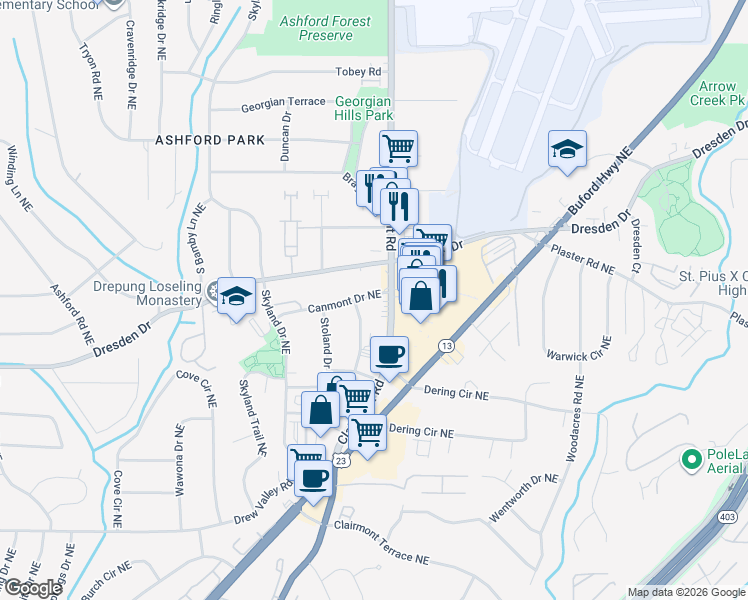map of restaurants, bars, coffee shops, grocery stores, and more near 1907 Canmont Drive Northeast in Atlanta