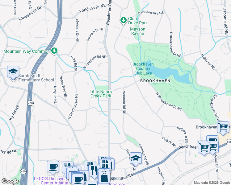 map of restaurants, bars, coffee shops, grocery stores, and more near 919 Winall Down Road Northeast in Atlanta