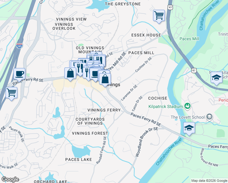 map of restaurants, bars, coffee shops, grocery stores, and more near 3198 Cochise Drive Southeast in Atlanta