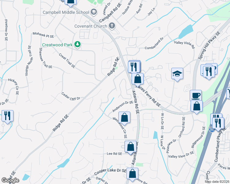 map of restaurants, bars, coffee shops, grocery stores, and more near 2020 Mercer Road Southeast in Smyrna