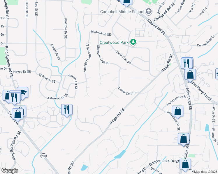 map of restaurants, bars, coffee shops, grocery stores, and more near 3815 Cedar Cliff Court Southeast in Smyrna