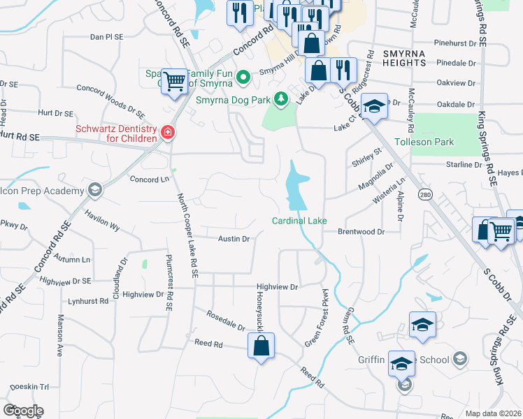 map of restaurants, bars, coffee shops, grocery stores, and more near 1529 Grace Meadows Lane Southeast in Smyrna