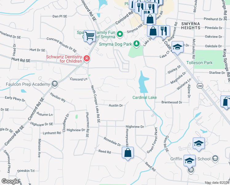map of restaurants, bars, coffee shops, grocery stores, and more near 1707 Grace Court Southeast in Smyrna