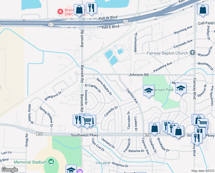map of restaurants, bars, coffee shops, grocery stores, and more near 4619 Sierra Madre Dr in Wichita Falls