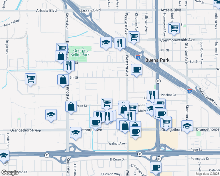 map of restaurants, bars, coffee shops, grocery stores, and more near 6641 Rostrata Ave in Buena Park