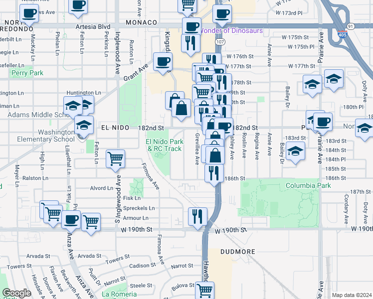 map of restaurants, bars, coffee shops, grocery stores, and more near 18324 Mansel Avenue in Redondo Beach