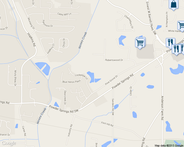 map of restaurants, bars, coffee shops, grocery stores, and more near 3130 Pine Grove Drive in Powder Springs
