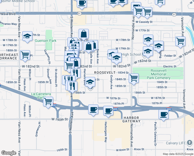 map of restaurants, bars, coffee shops, grocery stores, and more near 18313 South Denker Avenue in Gardena