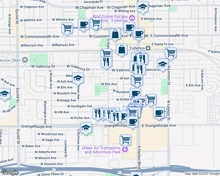 map of restaurants, bars, coffee shops, grocery stores, and more near 263 West Rosslynn Avenue in Fullerton