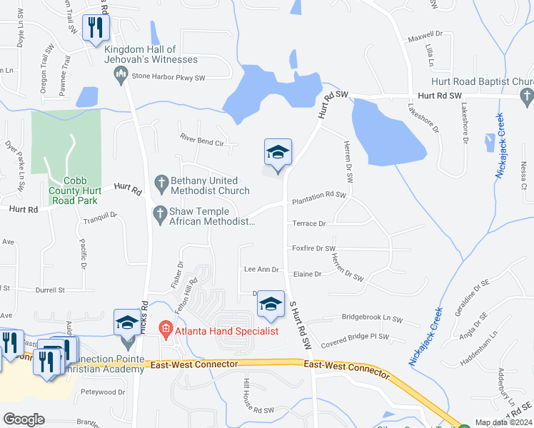 map of restaurants, bars, coffee shops, grocery stores, and more near 545 Hurt Road Southwest in Smyrna