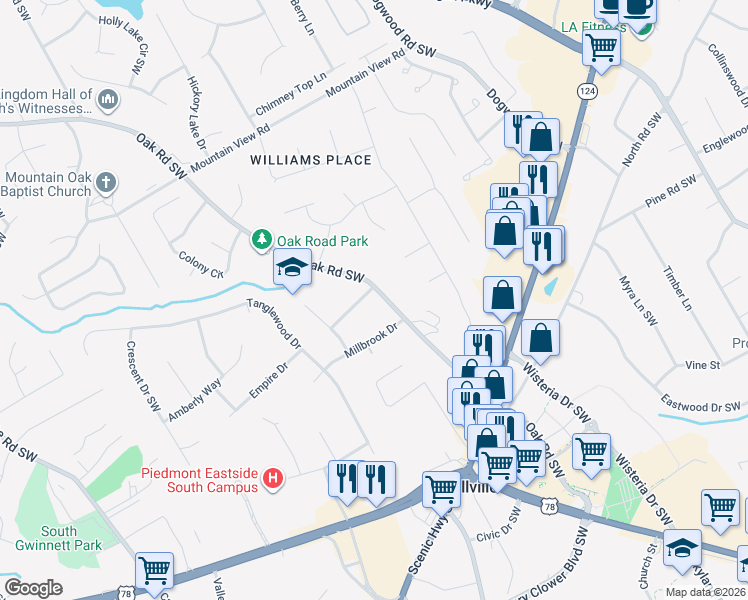 map of restaurants, bars, coffee shops, grocery stores, and more near 2045 Oak Road Southwest in Snellville