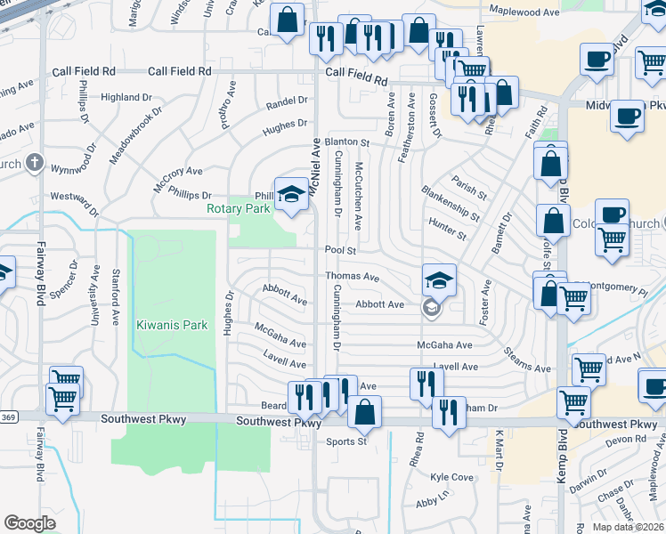 map of restaurants, bars, coffee shops, grocery stores, and more near 4358 Cunningham Drive in Wichita Falls
