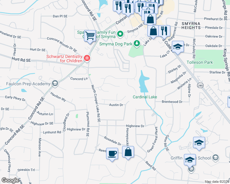 map of restaurants, bars, coffee shops, grocery stores, and more near 1707 Grace Court Southeast in Smyrna