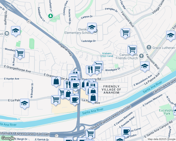 map of restaurants, bars, coffee shops, grocery stores, and more near 6696 Vista Loma in Yorba Linda