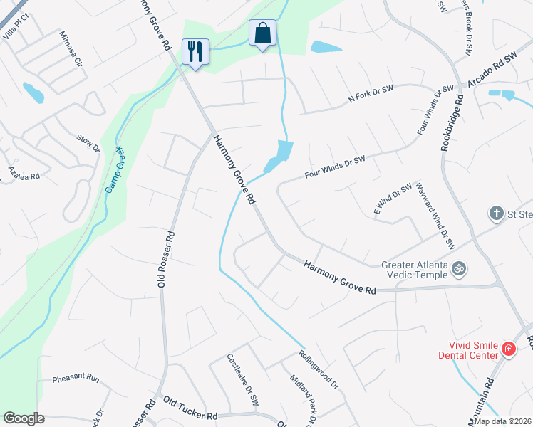 map of restaurants, bars, coffee shops, grocery stores, and more near 252 Harmony Grove Road in Lilburn
