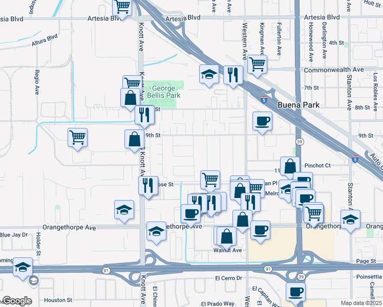 map of restaurants, bars, coffee shops, grocery stores, and more near 6644 Gramercy Street in Buena Park