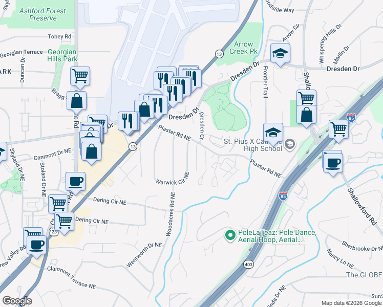 map of restaurants, bars, coffee shops, grocery stores, and more near 2474 Warwick Cir NE in Atlanta