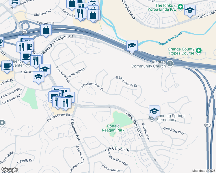 map of restaurants, bars, coffee shops, grocery stores, and more near 519 South Morningstar Drive in Anaheim
