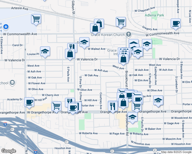 map of restaurants, bars, coffee shops, grocery stores, and more near 2018 West Oak Avenue in Fullerton