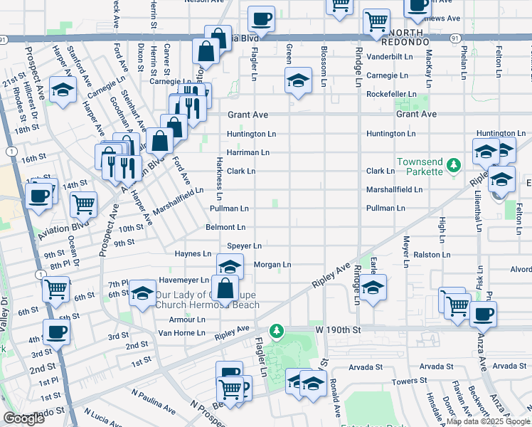 map of restaurants, bars, coffee shops, grocery stores, and more near 1904 Pullman Lane in Redondo Beach