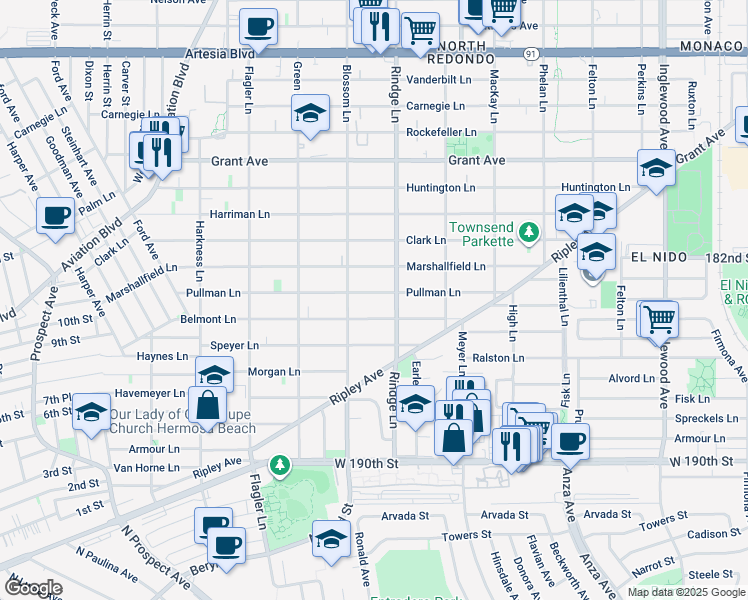 map of restaurants, bars, coffee shops, grocery stores, and more near 2112 Pullman Lane in Redondo Beach