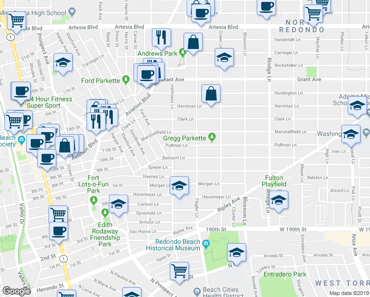 map of restaurants, bars, coffee shops, grocery stores, and more near 1812 Pullman Lane in Redondo Beach