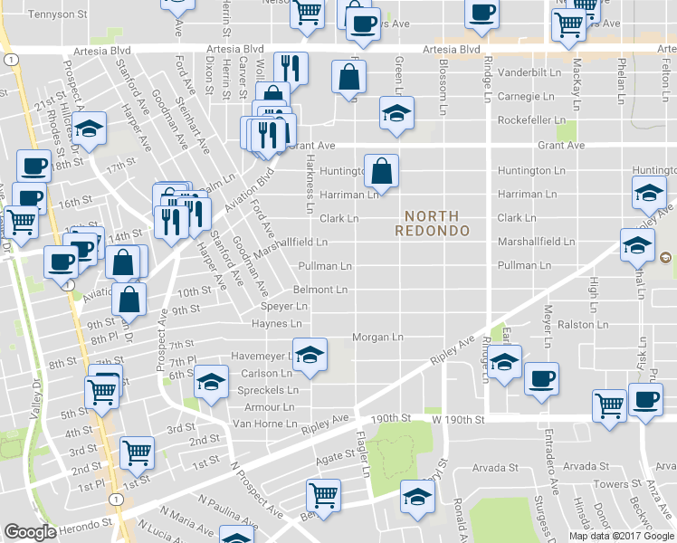 map of restaurants, bars, coffee shops, grocery stores, and more near 1814 Pullman Lane in Redondo Beach