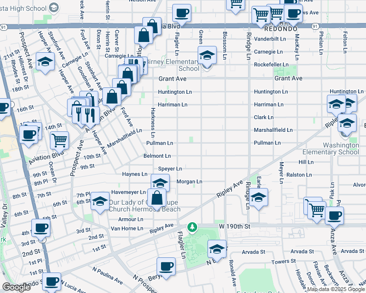 map of restaurants, bars, coffee shops, grocery stores, and more near 1904 Pullman Lane in Redondo Beach