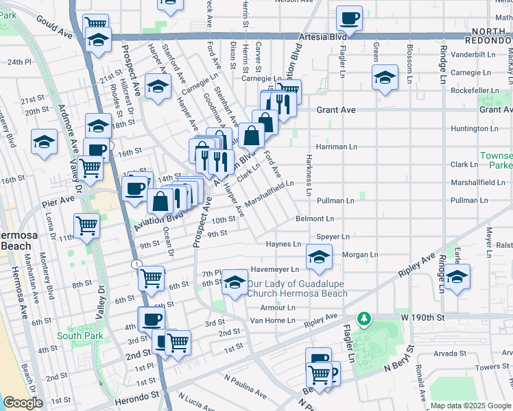 map of restaurants, bars, coffee shops, grocery stores, and more near 1120 Stanford Avenue in Redondo Beach