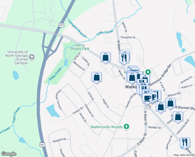 map of restaurants, bars, coffee shops, grocery stores, and more near 119 Bond Court in Watkinsville