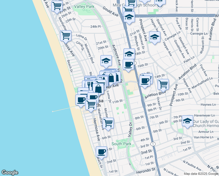 map of restaurants, bars, coffee shops, grocery stores, and more near 422 Pier Avenue in Hermosa Beach