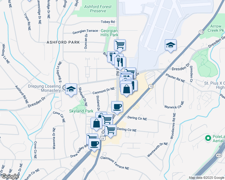 map of restaurants, bars, coffee shops, grocery stores, and more near 1907 Canmont Drive Northeast in Atlanta