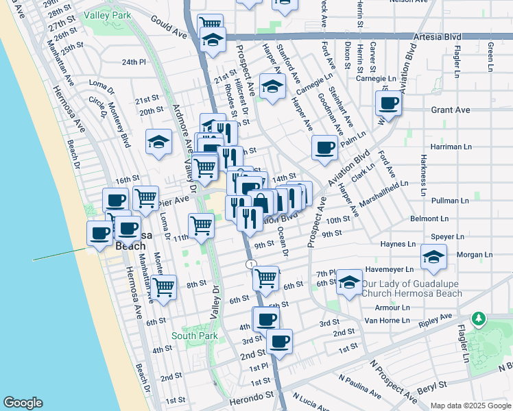 map of restaurants, bars, coffee shops, grocery stores, and more near 1100 Pacific Coast Highway in Hermosa Beach