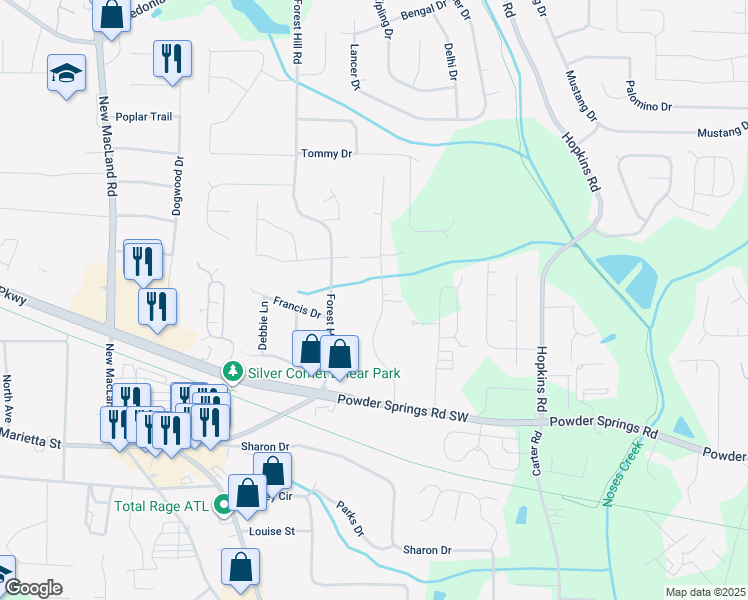 map of restaurants, bars, coffee shops, grocery stores, and more near 3676 Ponderosa Lane in Powder Springs