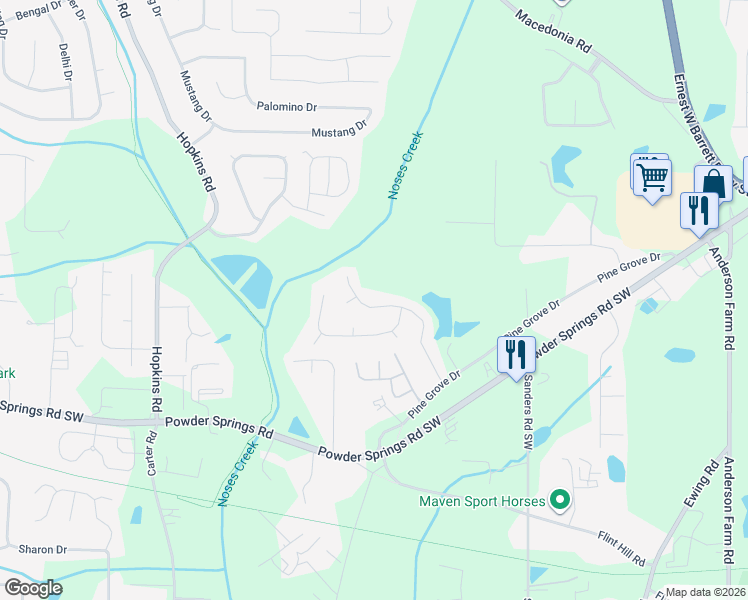 map of restaurants, bars, coffee shops, grocery stores, and more near 3713 Lockerbie Ln in Powder Springs