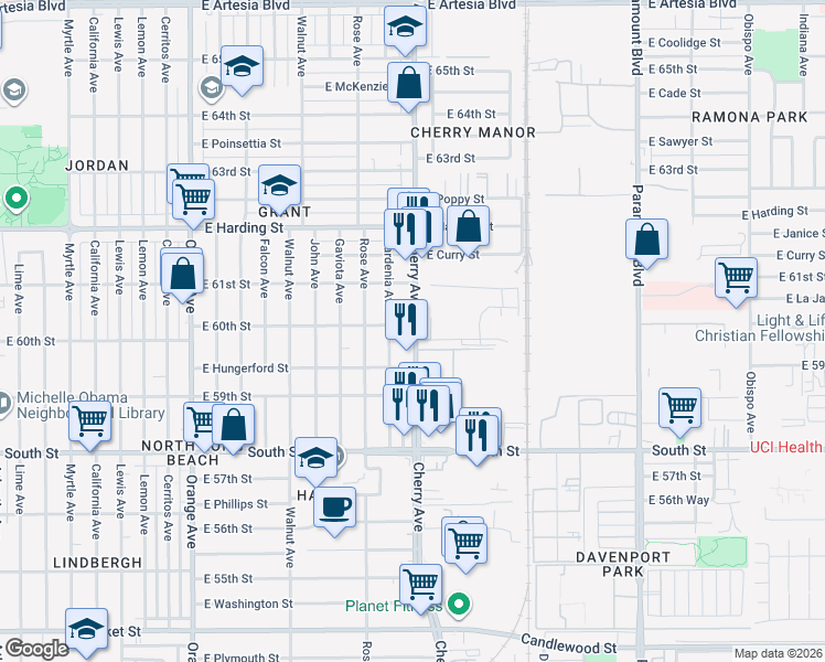 map of restaurants, bars, coffee shops, grocery stores, and more near 5957 Cherry Avenue in Long Beach