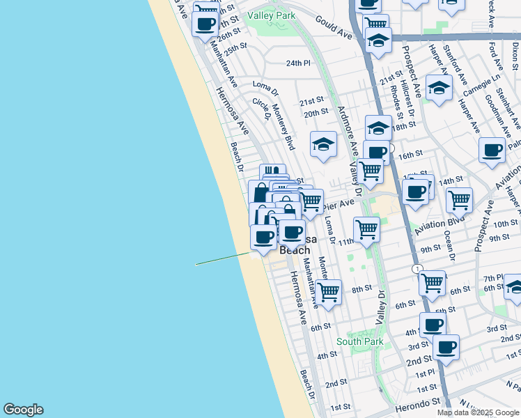 map of restaurants, bars, coffee shops, grocery stores, and more near 40 15th Street in Hermosa Beach