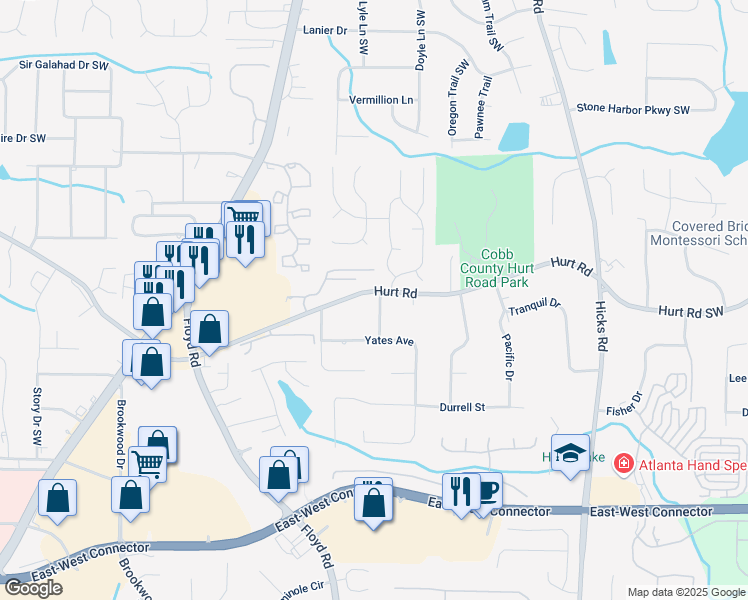 map of restaurants, bars, coffee shops, grocery stores, and more near 1099 Hurt Road in Austell